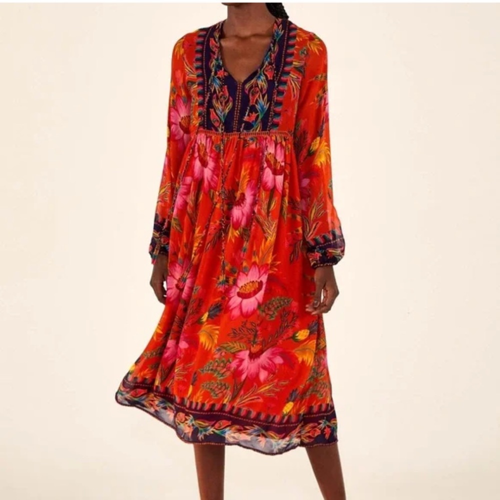 FARM Rio Red Floral Long-Sleeve Midi Dress